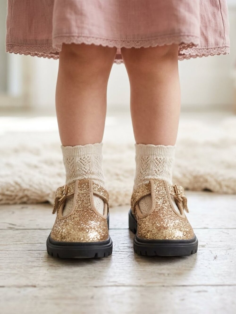 NWOT Cat & Jack Girls Gold Glitter T-Strap Mary Janes